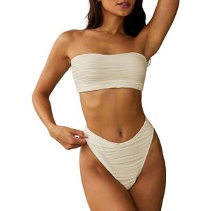 ZAFUL Women Strapless Textured Bandeau Bikini 2 Piece Swimwear Cheeky Solid Lace up Bathing Suits (Large, 1-beige)