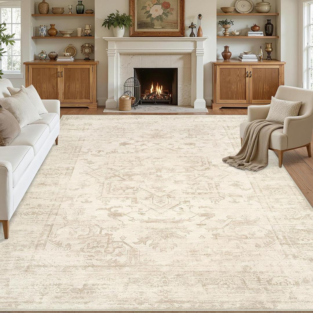 8x10 Area Rugs for Living Room: Vintage Boho Neutral Washable Rug Indoor Soft Large Area Rug Carpet for Bedroom Nursery Farmhouse Dining Room Office Floor Non-Slip Low Pile Under Table Rug Beige/Brown