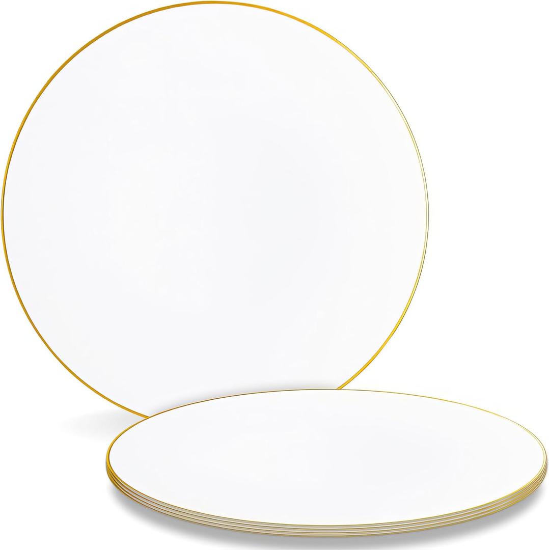 Bluesky Trading Table Settings White Hammered Organic Plastic Charger Plates (Pack Of 4) - 13" - Elegant Gold Rim Design, Perfect for Birthday Parties, Weddings, Events, Special Occasions, & More
