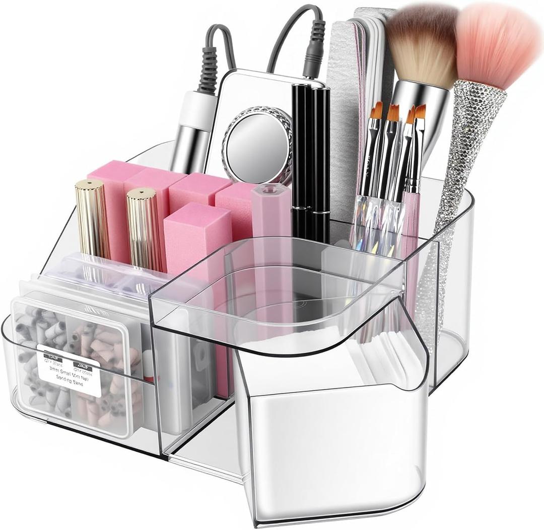 BQAN Transparent Acrylic Nail Desk Organizer, Drill & Brush Holder, Professional Storage Box for Nail Tools, Makeup, Eyeshadows, Skin Care (White)