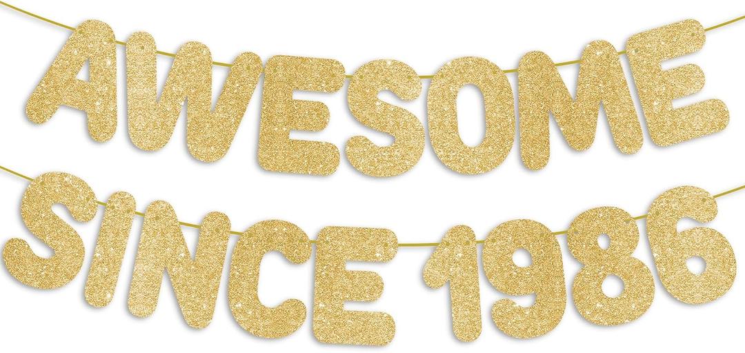 4 x Pre-Strung Awesome Since 1986 Gold Glitter Banner, Happy 40th Birthday Decorations for Women, 40 Year Old Anniversary Party Decor for Men
