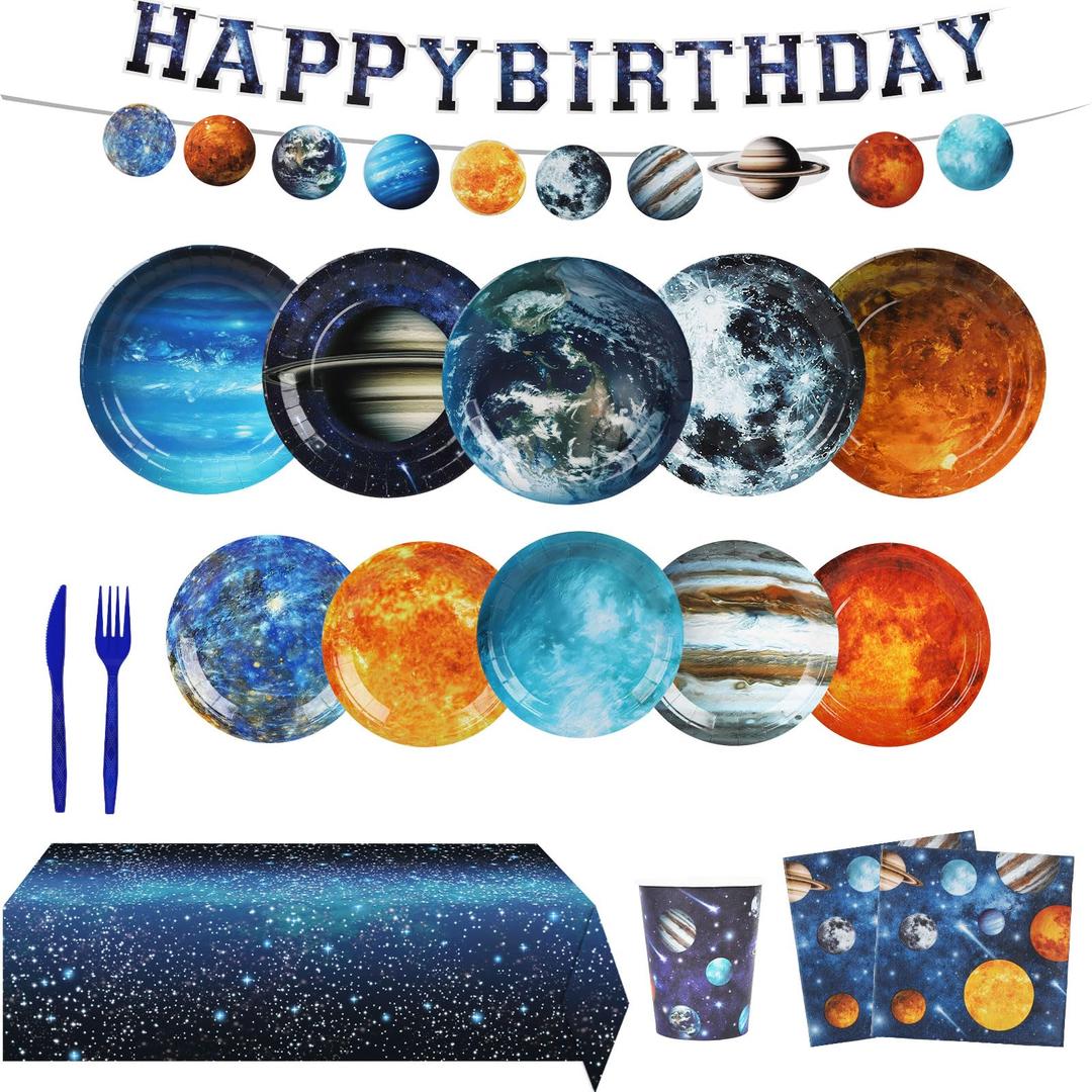 Outer Space Theme Birthday Party Supplies,Galaxy Planet Outer Space Paper Plates and Napkins Kit,for Solar System Planets Baby Shower Birthday Party Decorations,Serves 30