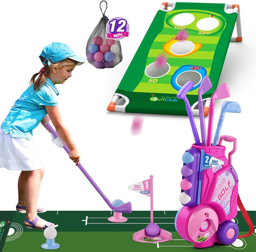 2 in 1 Toddler Golf Set, Upgraded Kids Golf Clubs with 12 Balls, Cornhole Board & Putting Mat, Shoulder Strap, Indoor Outdoor Sport Toys Gift for Boys Girls Aged 3-5 Years Old, Pink