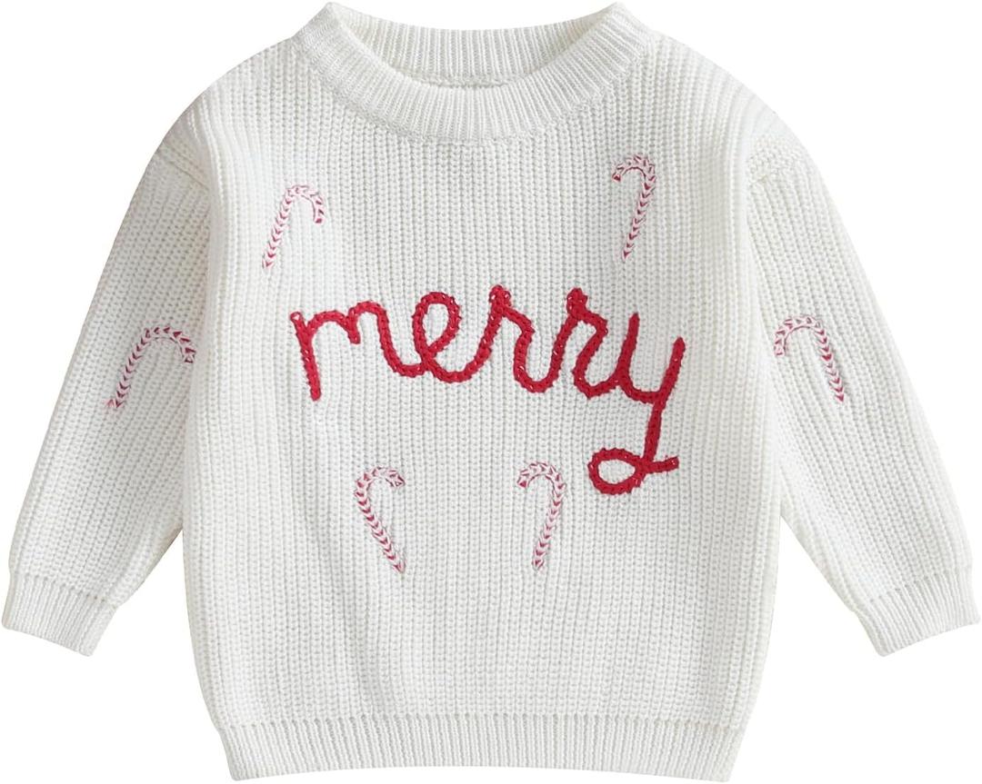 Afunbaby Baby Girl Boy Knit Sweater Blouse Pullover Sweatshirt Warm Crewneck Long Sleeve Tops for Infant Toddler (18-24 Months, Merry Knitted White)