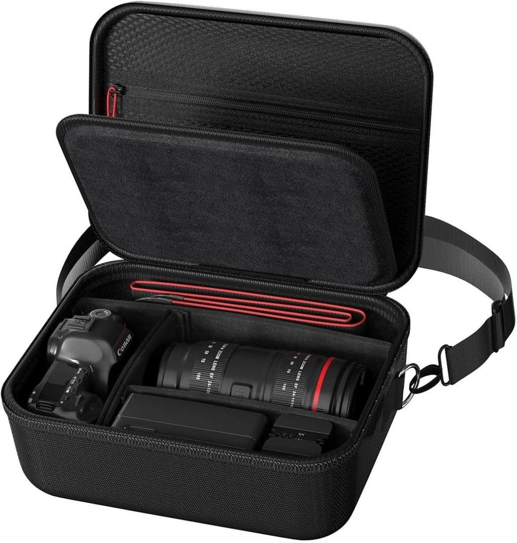 ProCase Hard Shell Camera Case for Canon Rebel T7/EOS R100/R50/DSLR/SLR/Nikon/Sony/Mirrorless Cameras, Soft Padded Digital Camera Travel Bag with 1 Shoulder Strap and 3 Adjustable Dividers -Black