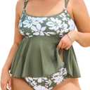 CUPSHE Women's Plus Size Tankini Sets Scoop Neck Flowy Hem Two Piece Swimsuits Adjustable Straps Mid Rise Back Hollow (3X-Large Plus, Olive Green/Floral)