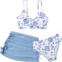 COZYEASE Girls' 3 Piece Set Floral Bikini Swimsuit with Beach Skirt (Blue, M)