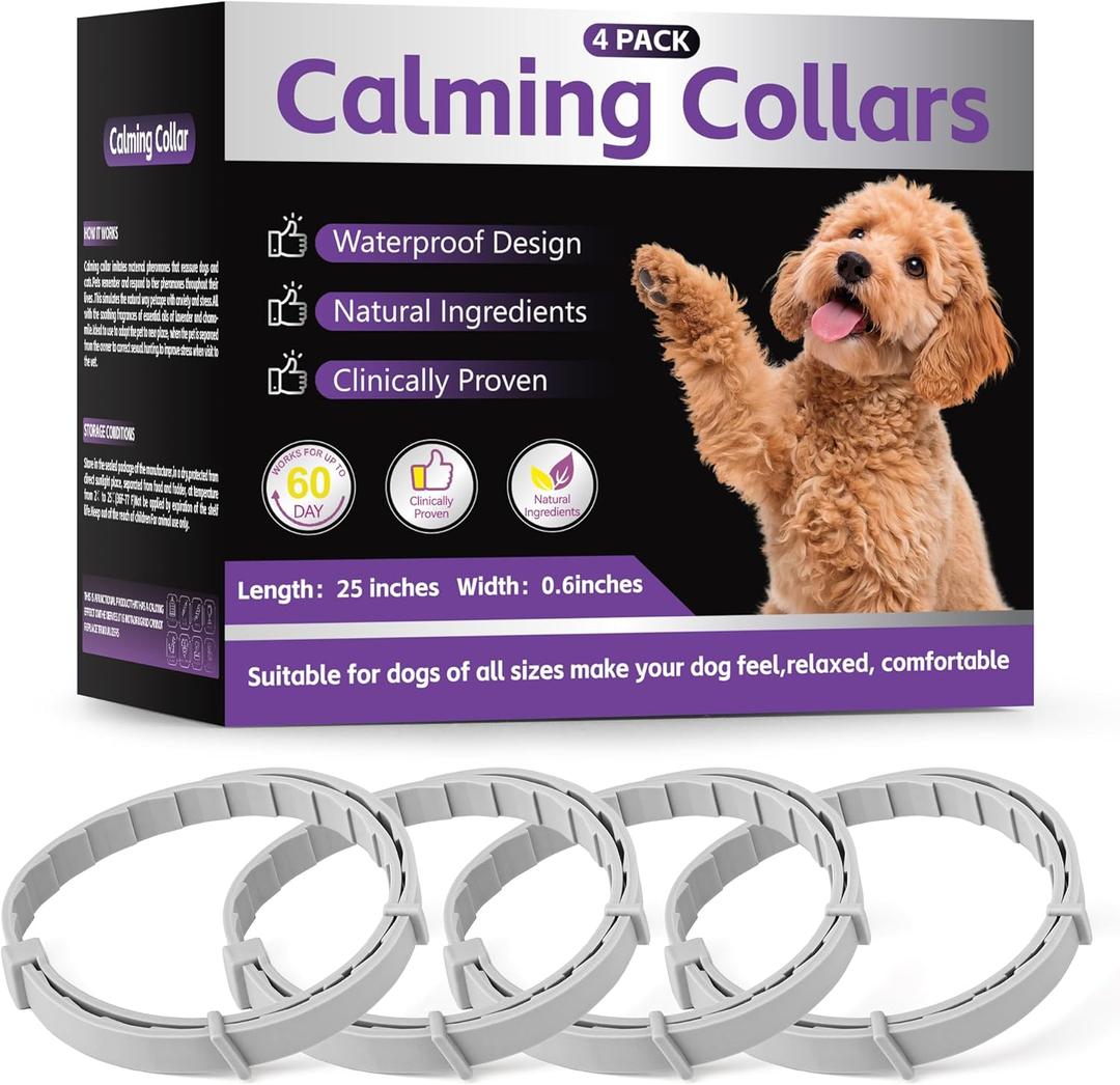 4-Pack Dog Calming Collar with Natural Pheromones | 60-Day Stress & Anxiety Relief for Puppies & Adult Dogs | Waterproof, Adjustable 25-Inch Fit (Grey)