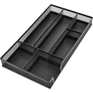 Desk Drawer Organizer, Office Metal Mesh Drawer Divider Organizer Tray with 6 Compartments, Pen Organizer for Desk Drawers Tray Desktop Accessories(COLOR:Black)