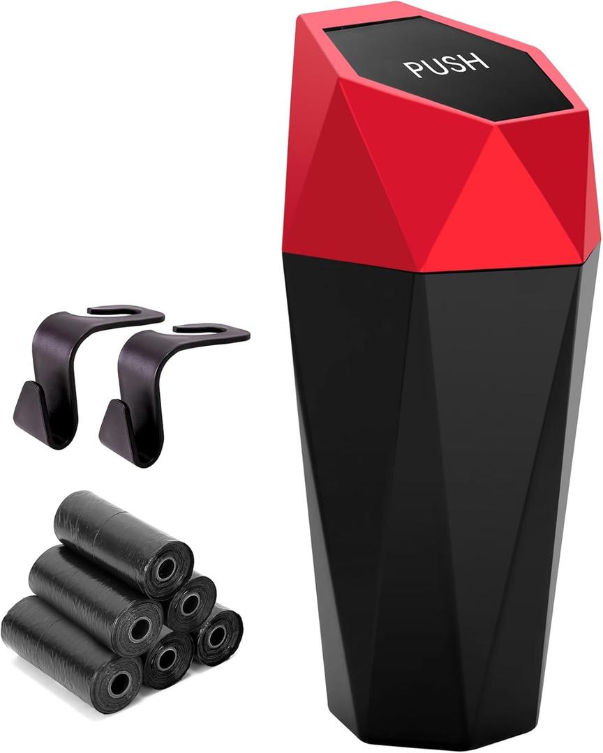 Ginsco Car Trash Can Cup Holder, Mini Car Trash Can with Lid, Car Accessories for Interior, Leakproof Small Trash Cup for Car, Home with Additional 2 ABS Hooks and 90pcs Trash Bags Red (600ml)