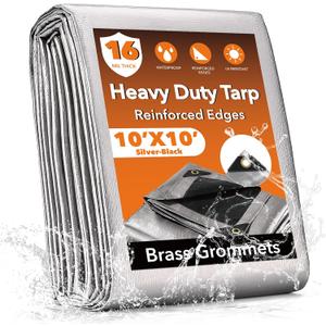 10x10FT Waterproof Tarp, Yumatum 16 Mil Heavy Duty Tarps with Reinforced Edges/Brass Grommets, 100% UV Blocking/Tear Resistant Poly Tarp for Camping, Patio, Tent, Boat(Silver/Black)