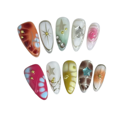 10pcs Handmade y2K Press on Nails Sweet Cool Crocodile pattern Almond Fake Nail Tips Wearable Ins Blush Spice Girls False Nails, L