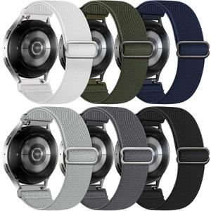 6 Pack Stretchy Bands Compatible with Samsung Galaxy Watch 7 6 5 4 40mm 44mm/Galaxy Watch 6 4 Classic 42mm 46mm 43mm 47mm/Galaxy 5 Pro 45mm/Active 2, 20mm Elastic Nylon Sport Strap for Men Women (MidnightBlue/StoneGrey/Black/OliveGreen/Grey/White)