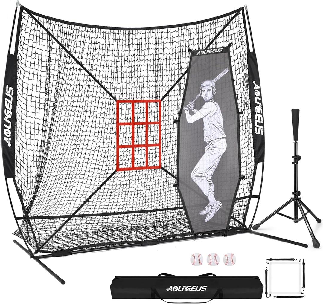 7'X7' Baseball Softball Practice Net,Pitching Net,Batting Net,with Large Ball Collection System,Baseball Pitching Kit - Batter Dummy,Bonus Strike Zone