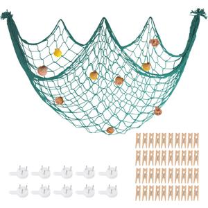 80x40 Inch Decorative Fishing Net w/Shells & Clips, 3mm Thickness Aqua Natural Cotton Large Photo Hanging Fishnet, Wall Party Decorations for Nautical Pirate Hawaii Underwater Mermaid Themed Party