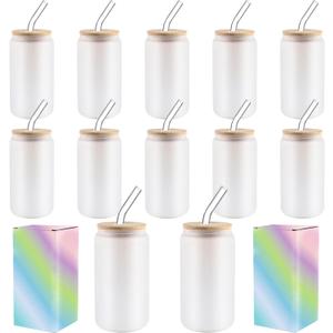 Sublimation Glass Cups With Bamboo Lids And Straws 16OZSublimation Beer Can Glass, Sublimation Frosted Glass Tumbler Blanks 12Pack