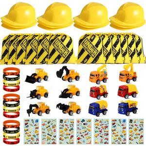 Sratte 55 Pieces Construction Vehicle Birthday Party Favors Supplies Set, Construction Theme Hats Goodie Bags Stickers Bracelets and Truck Toys Bulk for Kids Award Party Supplies