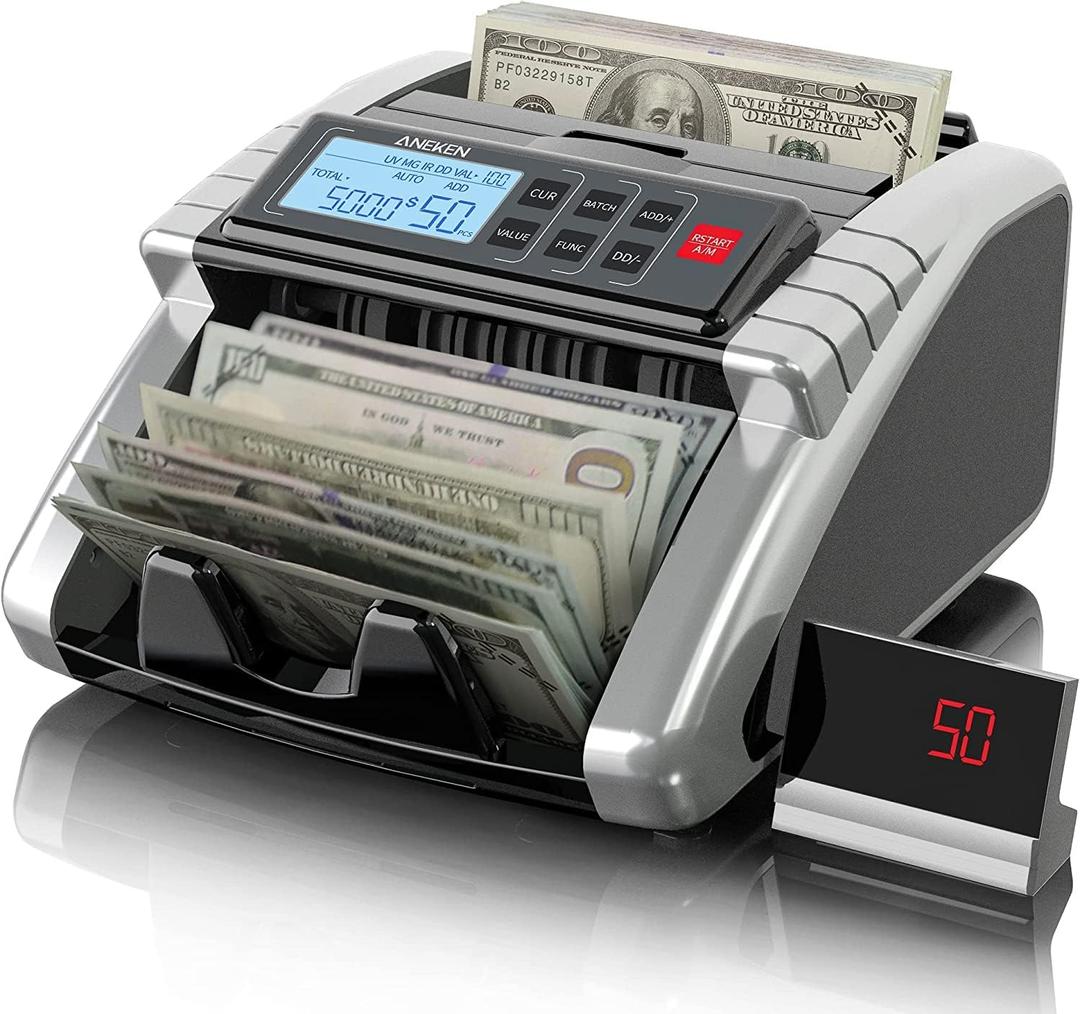 Aneken Money Counter Machine with Value Count, Dollar, Euro UV/MG/IR/DD/DBL/HLF/CHN Counterfeit Detection Bill Counter, Add and Batch Modes, Cash Counter with LCD Display