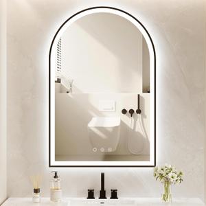 Arched LED Bathroom Mirror 20"x30", Black Bathroom Mirror with Lights-Anti-Fog, Dimmable-LED Mirror for Bathroom,3 Colors