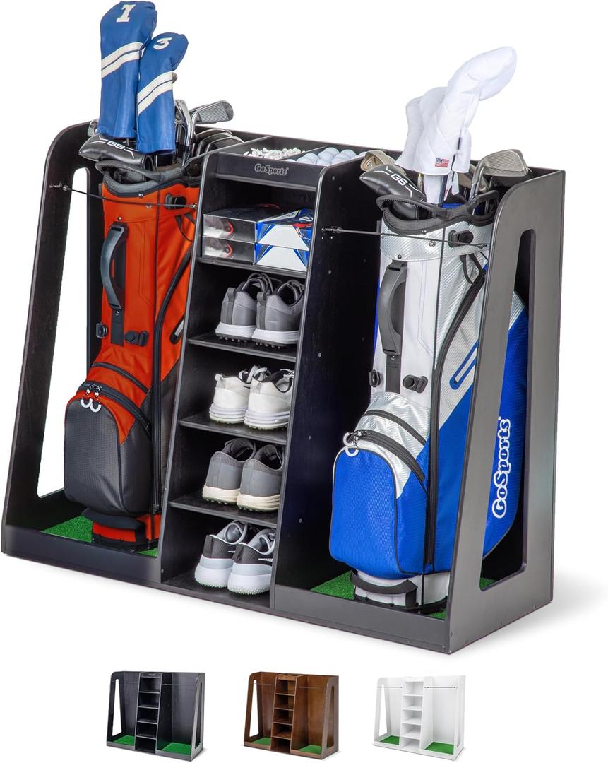 GoSports Premium Wooden Golf Bag Organizer and Storage Rack - Black, White or Brown Finish - Holds 2 Golf Bags