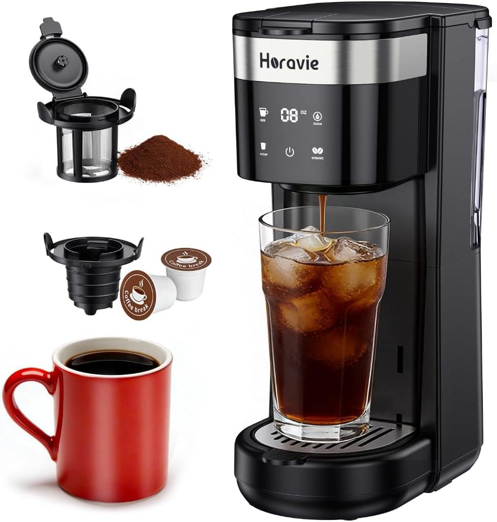 All-in-1 Single Serve Coffee Maker, Fit 7.8" Travel Mug, Hot & Iced K Cup Coffee Machine with 5 Brew Sizes, One Cup Coffee Maker with Descaling and Low Water Alert, 30oz Removable Reservoir, Black