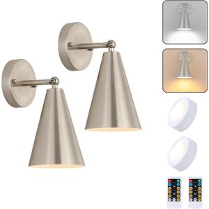 MWZ Brushed Nickel Battery Operated Wall Sconces Set of Two,Wireless Lighting with Remote Control, Modern Dimmable 2 Color Temperatures Adjustable Angle Wall Mount Lamp with Silver Metal Shade