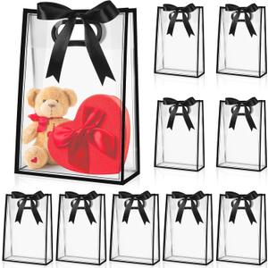 Aliceset 12 Pcs Clear Plastic Gift Bag with Die Cut Handles Reusable PP Favor Bag with Ribbon for Christmas Wedding Bridal Birthday Baby Shower Party Small Business, 7x10x3.15 Inch(Black)