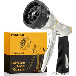 FANHAO Heavy Duty Garden Hose Nozzle, 100% Metal Water Nozzle with 8 Adjustable Spray Patterns, High Pressure Hose Sprayer with Non-Slip Grip for Watering Plants & Lawns, Washing Cars & Pets -Silver