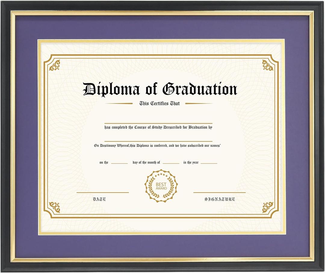 11x14 Diploma Frame with Purple over Gold Mat, 14x17 Certificate Frame, Real Wood with Gold Trim, Black Frame with Arcylic