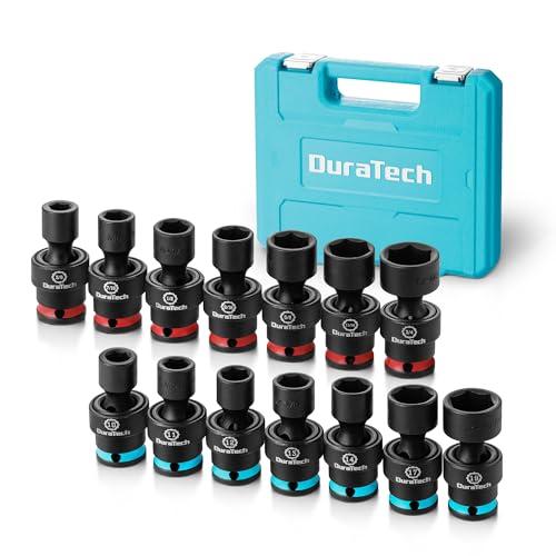 DURATECH 3/8" Drive Impact Swivel Socket Set, Shallow Universal Wobble, SAE & Metric With Flexible Joint, 14 Pieces, Cr-Mo Steel, 6 Points, Organized in Sturdy Storage Case