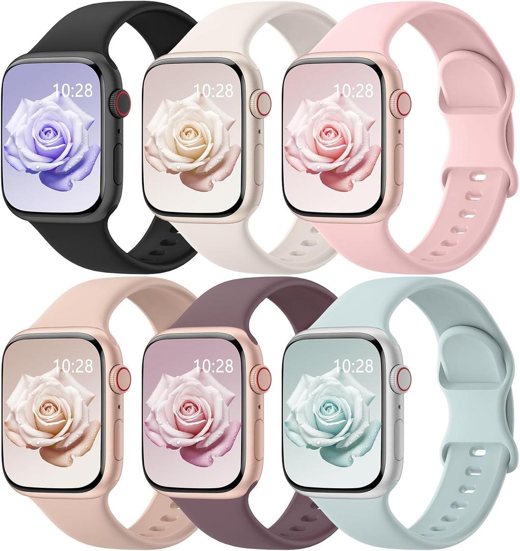 6 Pack Sport Bands Compatible with Apple Watch Bands 38mm 40mm 41mm 42mm 44mm 45mm 46mm 49mm for Women Men, Soft Wristband Silicone Sport Strap for iWatch Bands Series 11 10 9 8 7 6 5 4 3 2 1 Ultra SE (Black/ Starlight/ Pink Sand/ Milk Tea/ Smoke Violet/ Succulent)