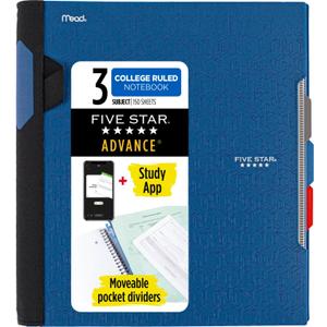 Five Star Advance Spiral Notebook + Study App, 3 Subject, College Ruled Paper, 8-1/2" x 11", 150 Sheets, Spiral Guard, Movable Tabbed Dividers, Pacific Blue (73138)