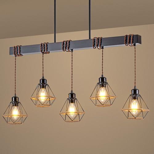 5 Light Kitchen Island Lighting, Farmhouse Chandeliers for Dining Room Light Fixtures Over Table, Modern Wood Pendant Lights Kitchen Island with Metal Lampshade
