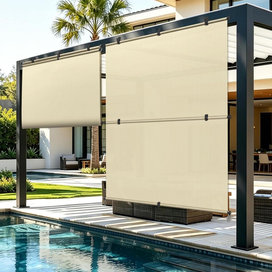 Roller Shades 8'W x 6'H Patio Cordless Blackout Roll Up Shades, Exterior Foldable Roller Blinds UV Block Shade Cloth Roll for Outdoor Indoor Windows Gazebo Porch Pergola Balcony, Beige, 96"W x 72"H