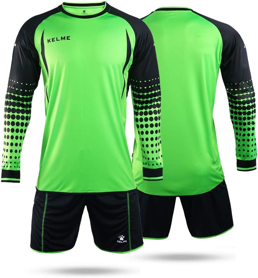 KELME Men Goalkeeper Padded Jersey and Shorts,Youth Soccer Goalie Shirts and Pants,Adult Long Sleeve Keeper Uniform Kit (X-Small Big Tall, Green/Black)
