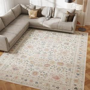 8x10 Washable Area Rug, Low Pile Faux Wool Carpet for Living Room, Bedroom, Dining Room, Vintage Flower Design, Non-Shedding Low-Pile Rug in Beige for High-Traffic Areas with Non-Slip Rubber Back