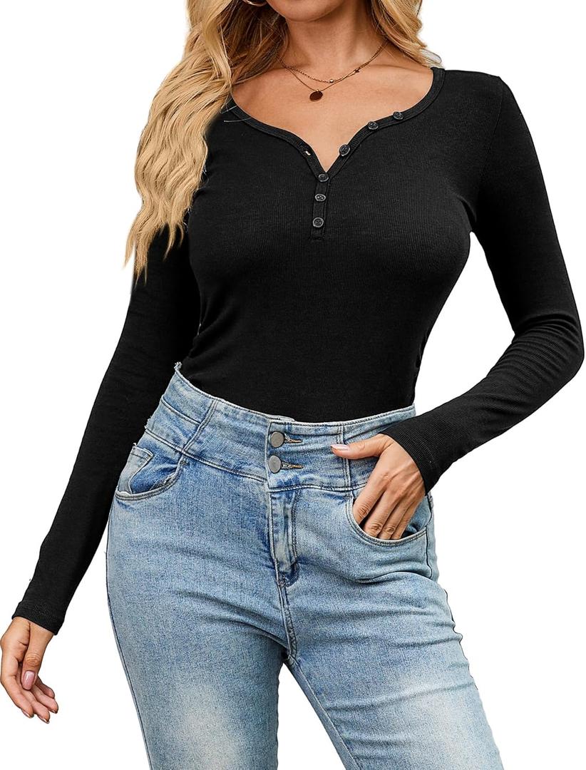 Amoretu Women's Henley Long Sleeve V Neck Shirts Slim Fitted Side Ruched Button Tops (Black, XL)