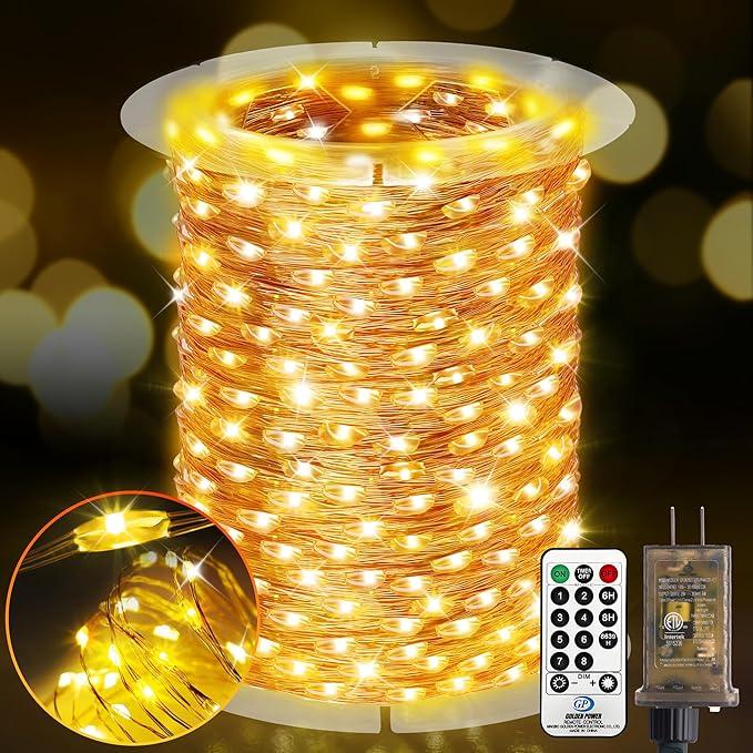 600 LED Outdoor Fairy Lights Plug in, Christmas Fairy Lights Outdoor Waterproof 8 Modes Memory Times for Wedding Bedroom Walls Garden Trees Decoration(Warm White)