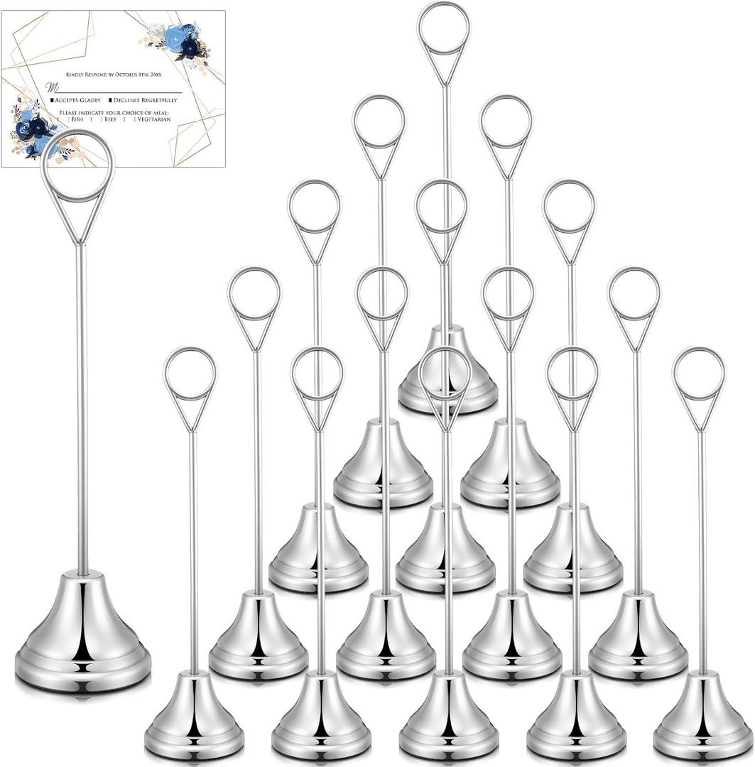 Marspark 16 Pcs Table Number Holders 8'' Metal Place Card Holders Weddings Table Sign Menu Memo Note Picture Photo Round Clip Weighted Base Stand for Anniversaries Birthdays Restaurants(Silver)