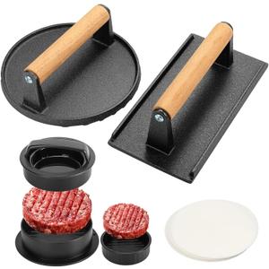 Fervidus 3PCS Smash Burger Press Kit, 6.8" Round & 8.3"x4.1" Rectangular Cast Iron Grill Press, 3 in 1 Stuffed Burger Mold, Non Stick Smash Burger Press Set for Grill and Griddle Cooking