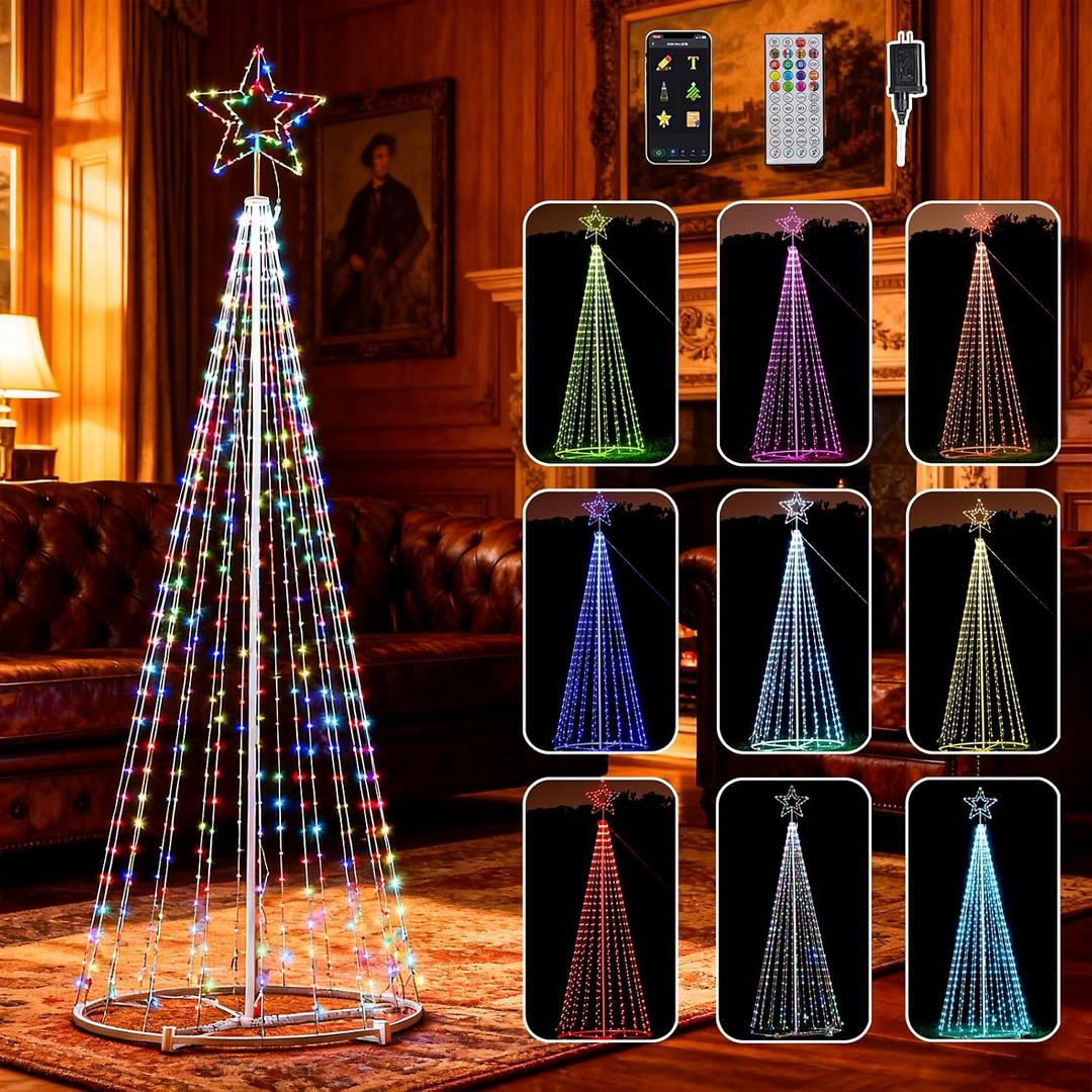 12Ft RGB Outdoor Lighted Christmas Tree Lights Cone Tall Star Topped Artificial Christmas Trees Outside Decor for Xmas New Year Holiday