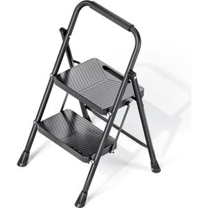 KINGRACK Folding 2 Step Ladder, Portable Ladder for Multi-Purpose, Home, Kitchen, Heavy Sturdy Steel Step Stool with Anti-Slip Wide Pedals, Handrail, Safe-Lock Design, Pass 500lbs Load Testing, Black