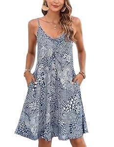 ENMAIN Summer Dresses for Women Blue Thin Strap Sleeveless Sundress V Neck Causal Button Down Midi Dress with Pocket Stretchy Swing Beach Cover Up, Size L
