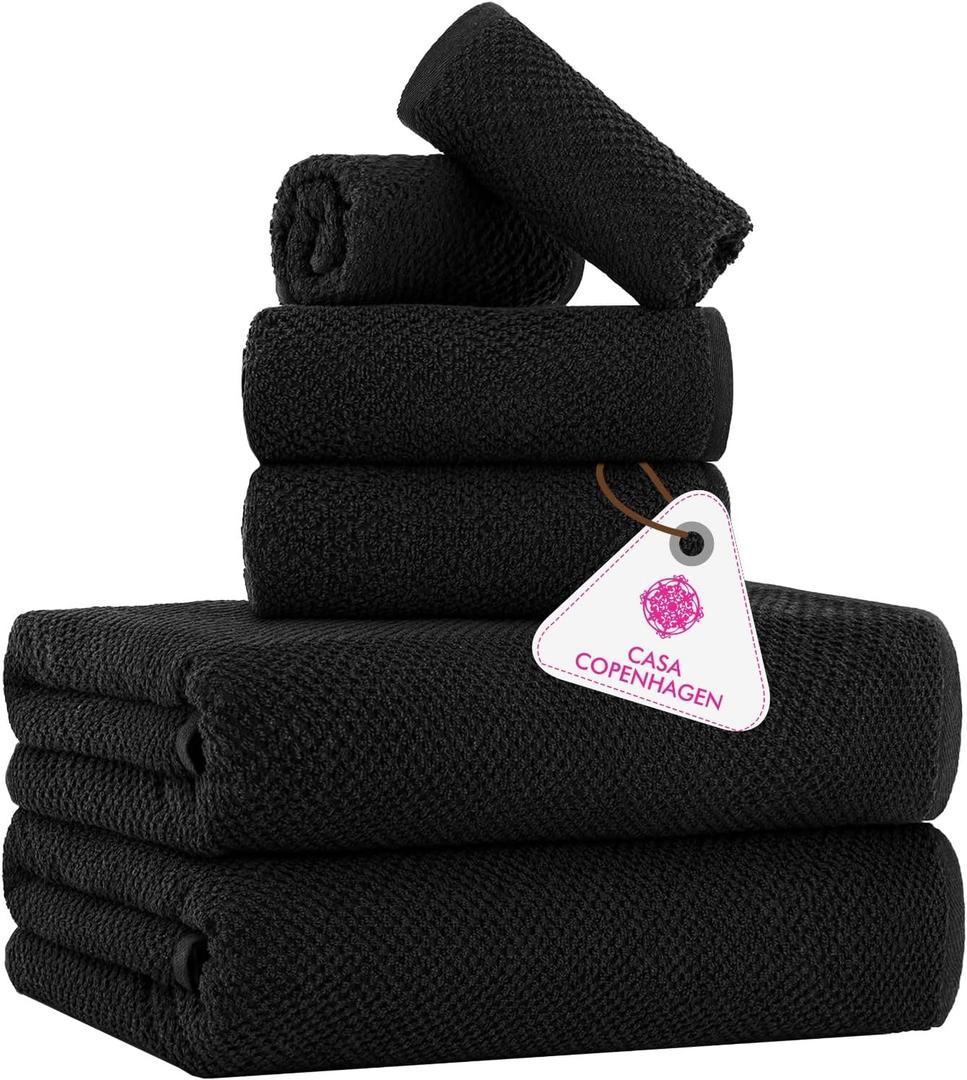 CASA COPENHAGEN Popcorn Textured 6 Pieces Towel Set- Black, 550 GSM 2 Bath Towel 2 Hand Towel 2 Washcloth, Rough & Tough Use Cotton Towels Gift Set for Bathroom
