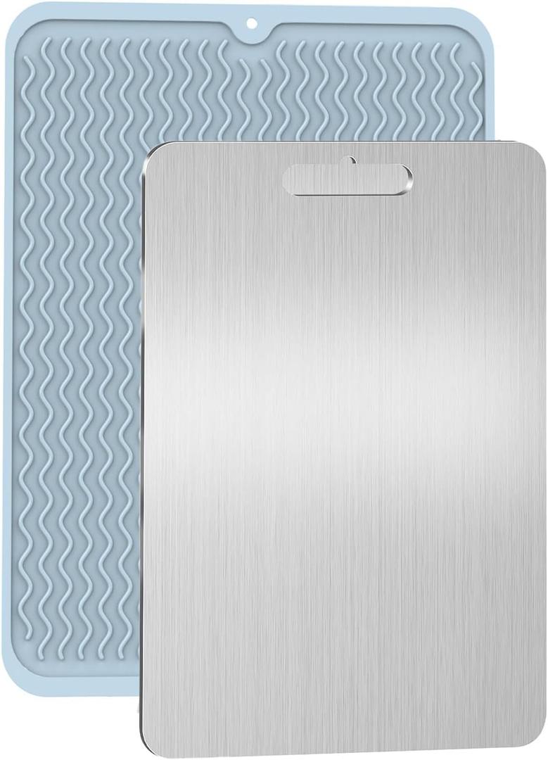 Pure Titanium Cutting Board, 11.42"x7.87" Ultra-Light Dual-Side Design 100% Titanium Kitchen Board, Dishwasher Safe Includes Non-Slip Silicone Base