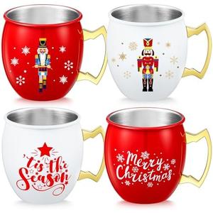 Seematn 4 Pcs Christmas Mug Nutcracker Moscow Mule Mug 16 oz Christmas Coffee Mugs Holiday Xmas Drinkware Housewarming Gifts for Xmas Tea Cocoa Hot Drinks(Red and White)