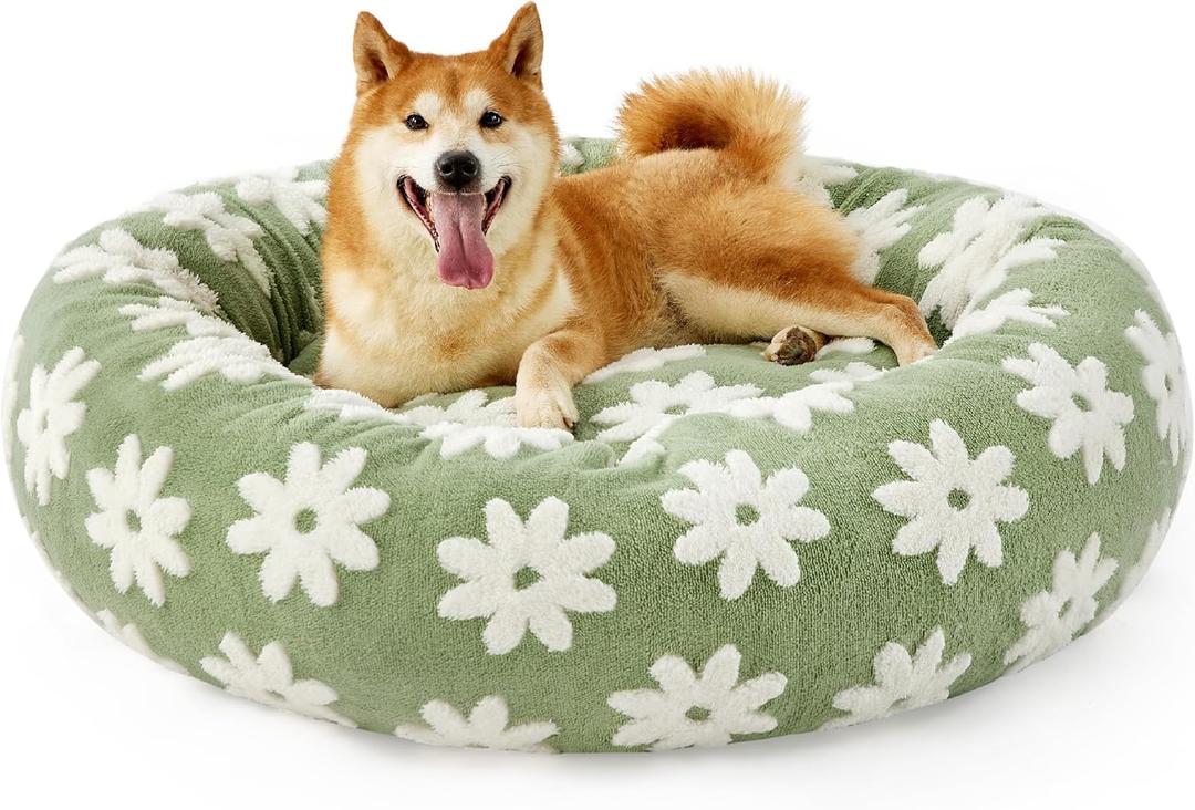 Lesure Donut Large Dog Bed - Round Cat Beds for Indoor Anti-Anxiety Calming Pet Beds, Washable Cute Modern Beds with Teddy Sherpa Plush & Anti Slip Bottom, 36 Inch, Green (Flower Garden Green)