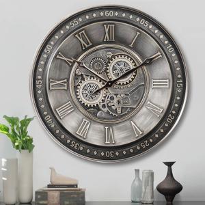 CLXEAST 24 Inch Large Moving Gear Wall Clock for Living Room Decor, Antique Silver Metal Roman Numerals Wall Clocks for Home Office (24 Inch Oil Rubbed Bronze Silver)