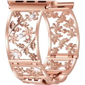 Floral Band Compatible with Apple Watch Jewelry Band 38mm 40mm 41mm 42mm iWatch Bands Series 10 9 8 7 SE,Bling Crystal Bracelet Hollow Metal Strap,Dressy Women Wristband(38/40/41/42mm,Rose Gold)