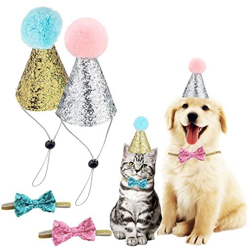 4 Pcs Cat Birthday Hat Bowtie Small Dog Hat Headband Topper Bowtie Adjustable Cute Puppy Birthday Costume Accessories for Small Medium Pets (2/Pink+Light Blue)